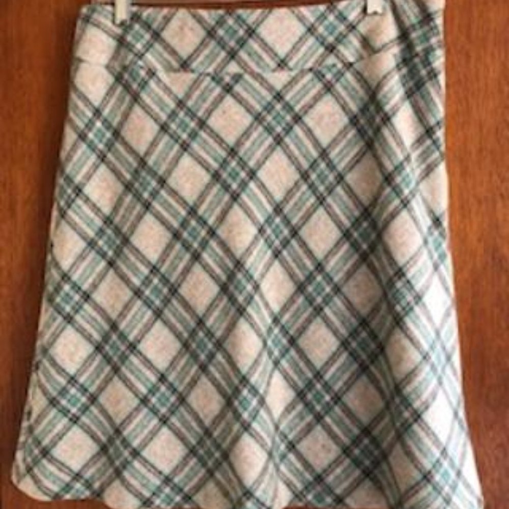 Talbots Teal/Grey/Cream Plaid A-line skirt, Size 8, Wool/Viscose blend